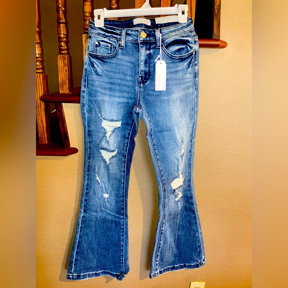Petite flare denim jeans